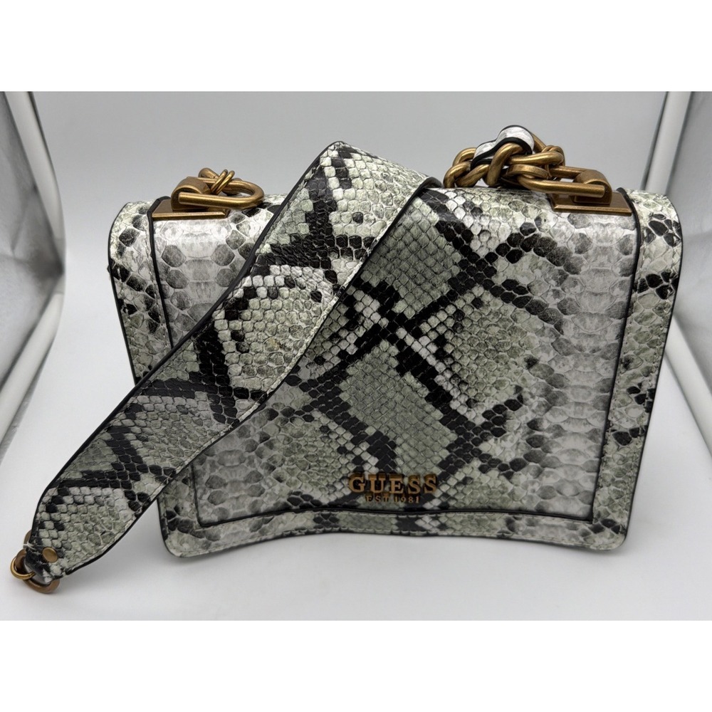 Guess Abey Python Print Mini Crossbody Sage Green Gold Chain